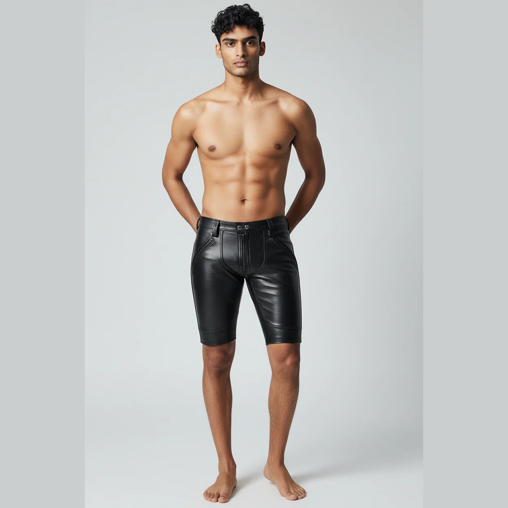 Men’s Black Cowhide Leather Club Shorts with Optional Back Zip