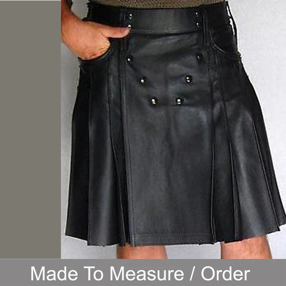 Men’s Black Cowhide Leather Kilt – Adjustable Clubwear Skirt