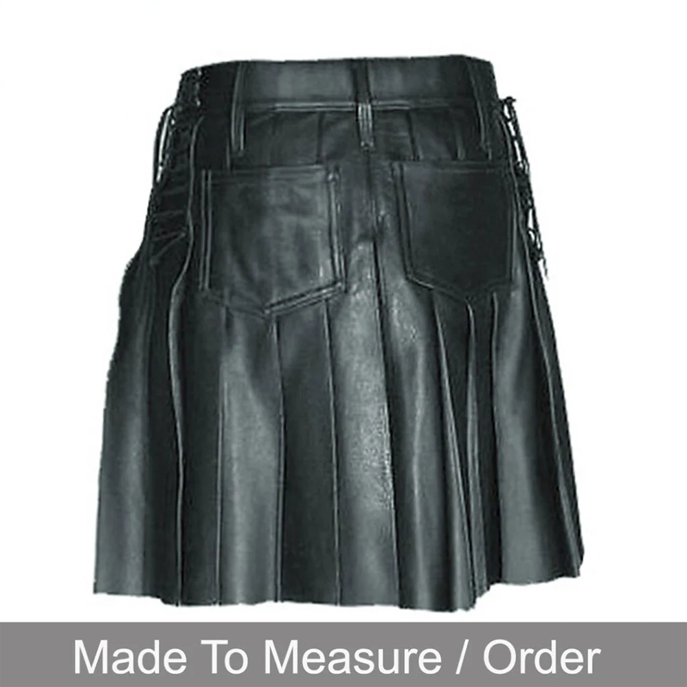 Men’s Black Cowhide Leather Kilt – Adjustable Clubwear Skirt