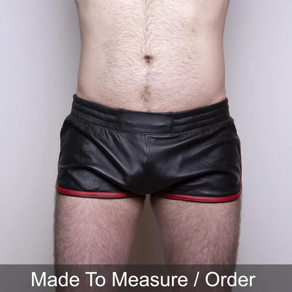 Men’s Black Lamb Leather Gym Shorts with Red Stripes