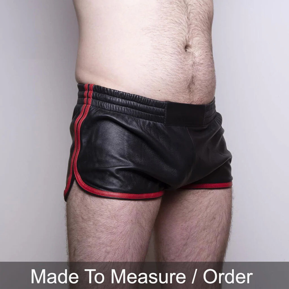 Men’s Black Lamb Leather Gym Shorts with Red Stripes