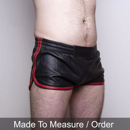 Men’s Black Lamb Leather Gym Shorts with Red Stripes