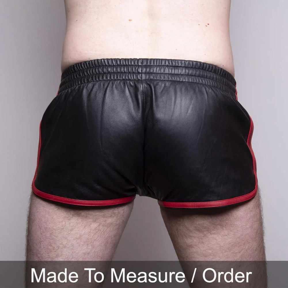 Men’s Black Lamb Leather Gym Shorts with Red Stripes