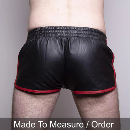 Men’s Black Lamb Leather Gym Shorts with Red Stripes