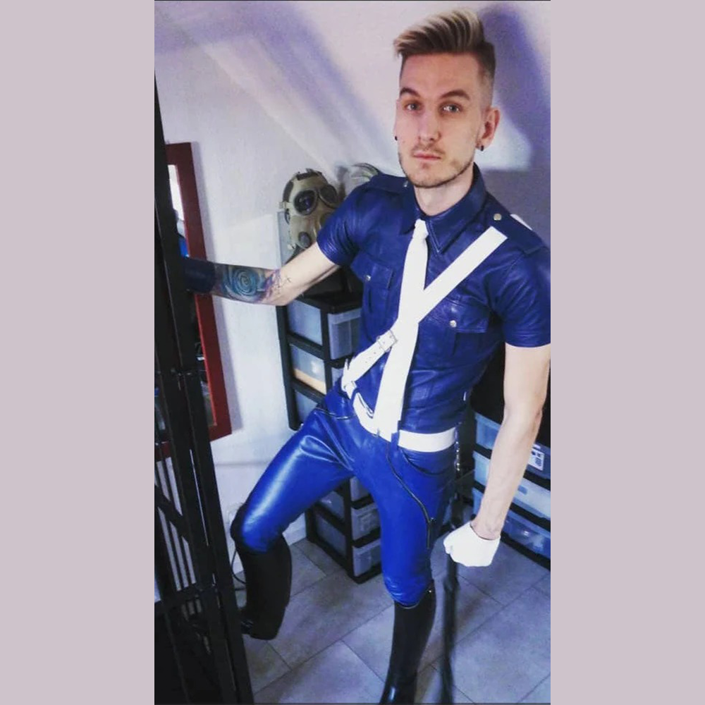 Men’s Blue Cowhide Leather Biker Pants with Front Zipper and Side Zips