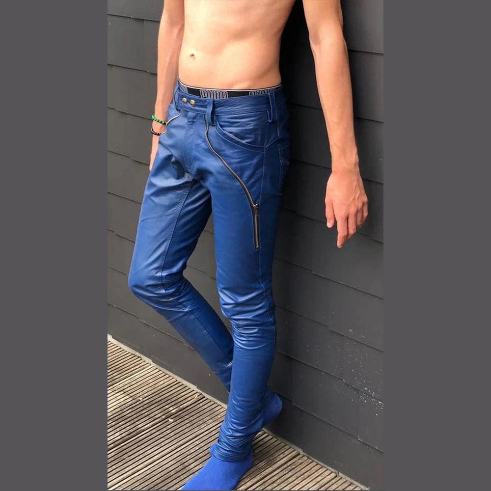 Men’s Blue Cowhide Leather Biker Pants with Front Zipper and Side Zips