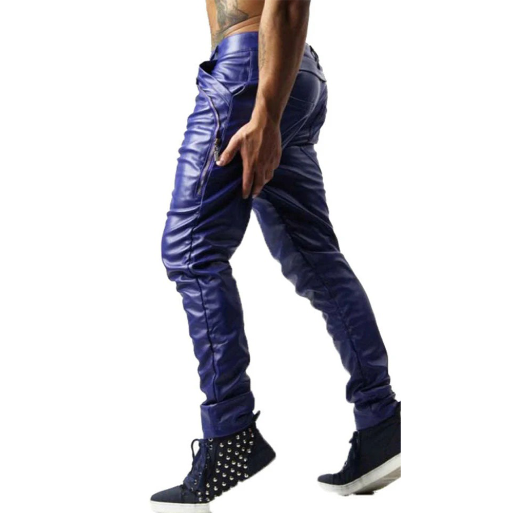 Men’s Blue Cowhide Leather Biker Pants with Front Zipper and Side Zips