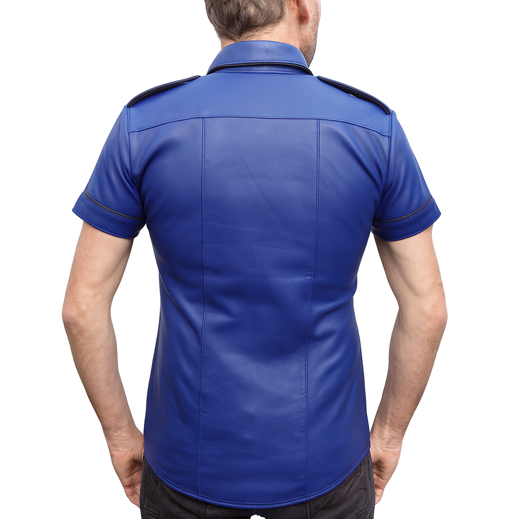 Men’s Blue Lamb Leather Shirt – Short Sleeves with Black Piping
