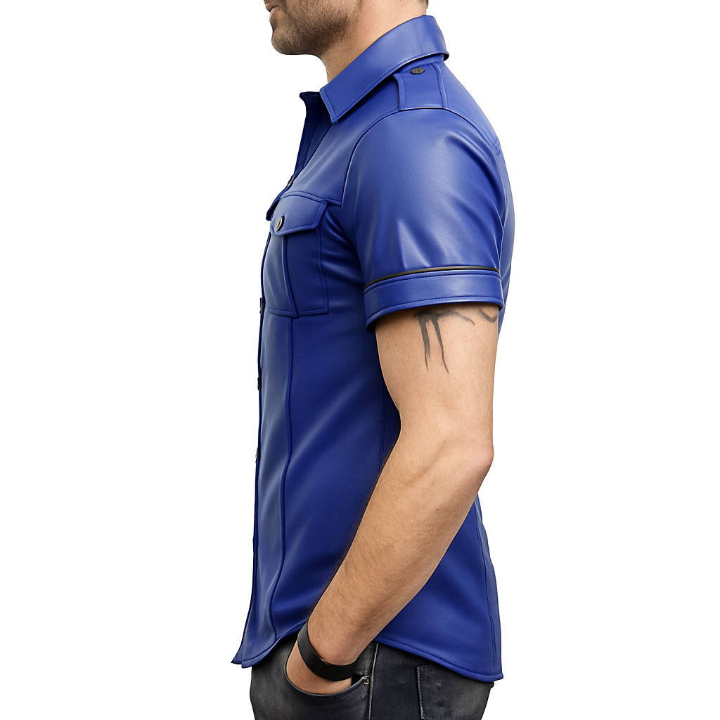 Men’s Blue Lamb Leather Shirt – Short Sleeves with Black Piping