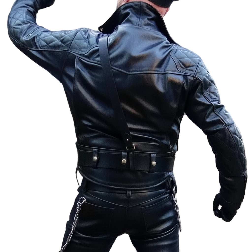 Men’s Brando Leather Biker Jacket with Quilted Panels & Side Laces