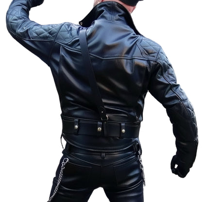 Men’s Brando Leather Biker Jacket with Quilted Panels & Side Laces
