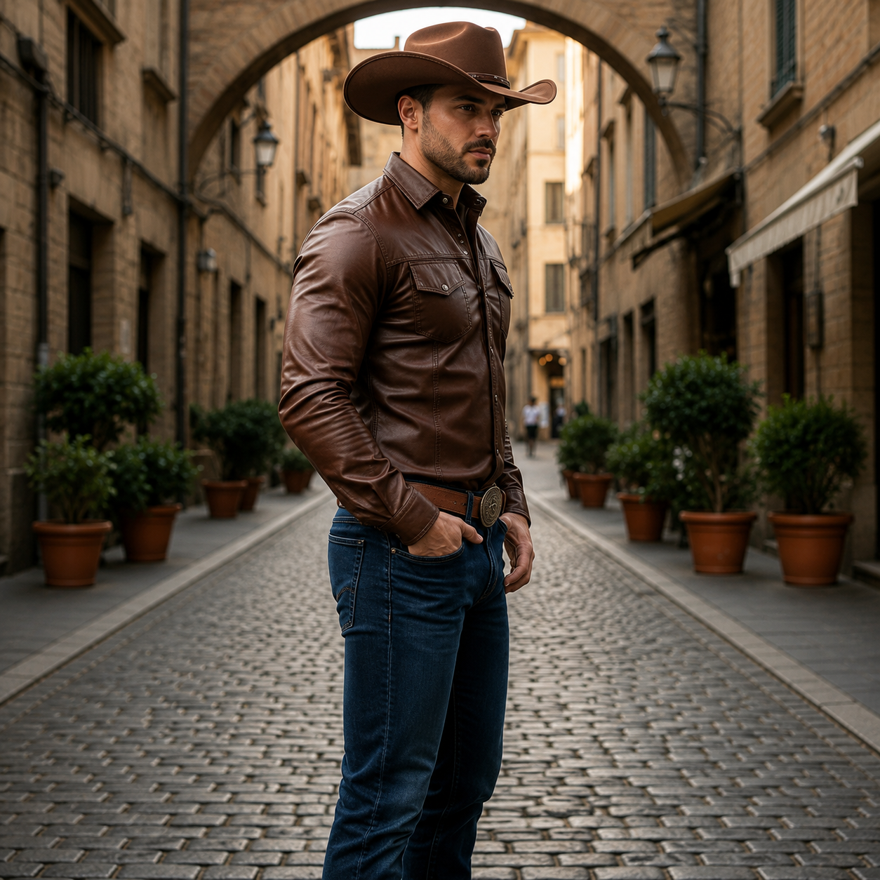 Men’s Brown Western Leather Shirt – Full Sleeve Lambskin with Chest Pockets
