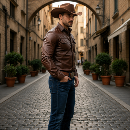 Men’s Brown Western Leather Shirt – Full Sleeve Lambskin with Chest Pockets