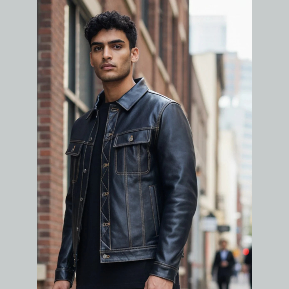 Men’s Cow Leather Trucker Jacket – Classic Levi’s Style, Contrast Stitching