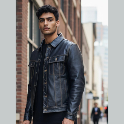 Men’s Cow Leather Trucker Jacket – Classic Levi’s Style, Contrast Stitching
