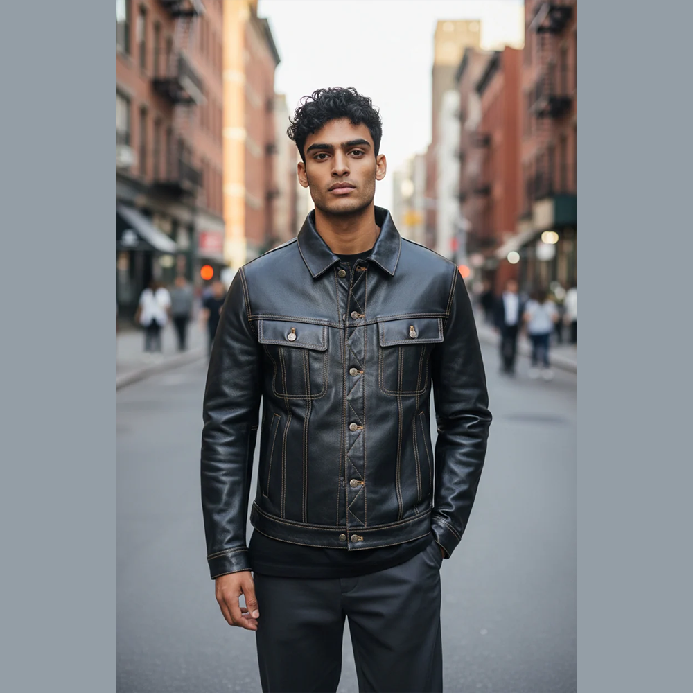 Men’s Cow Leather Trucker Jacket – Classic Levi’s Style, Contrast Stitching