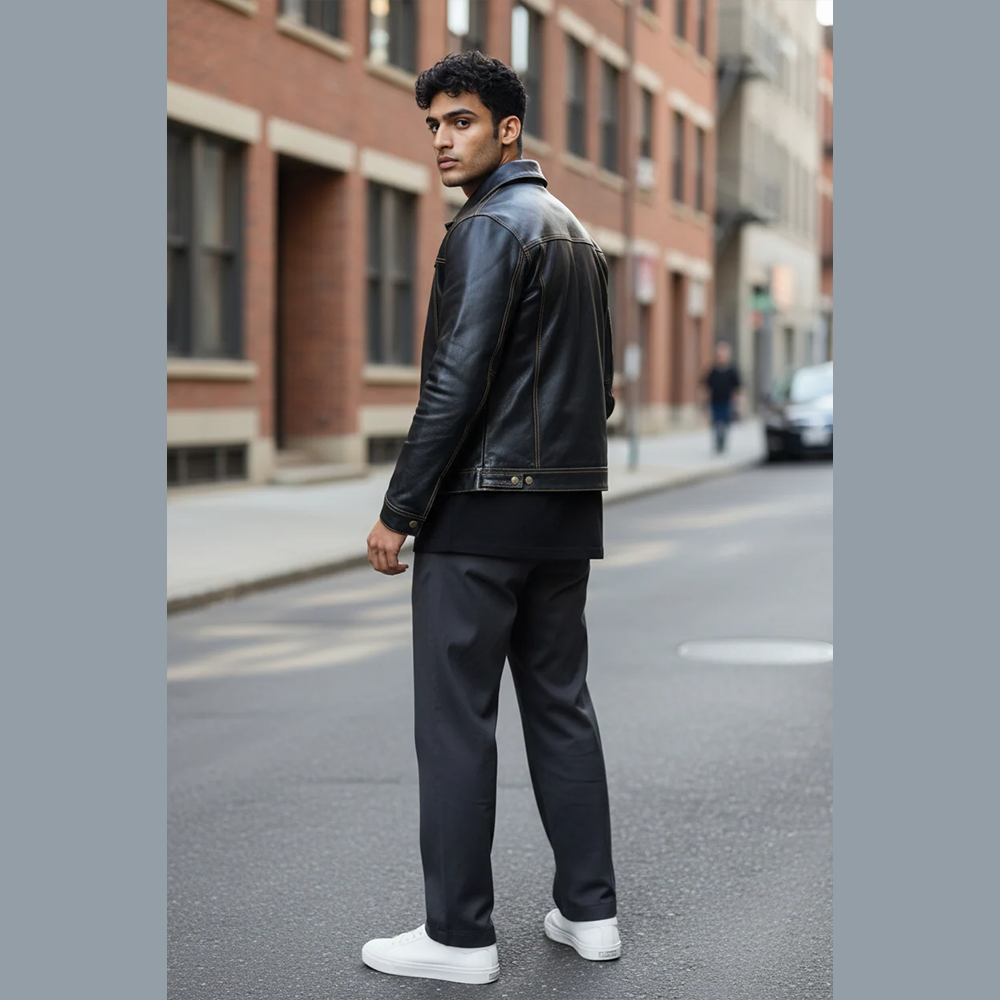 Men’s Cow Leather Trucker Jacket – Classic Levi’s Style, Contrast Stitching