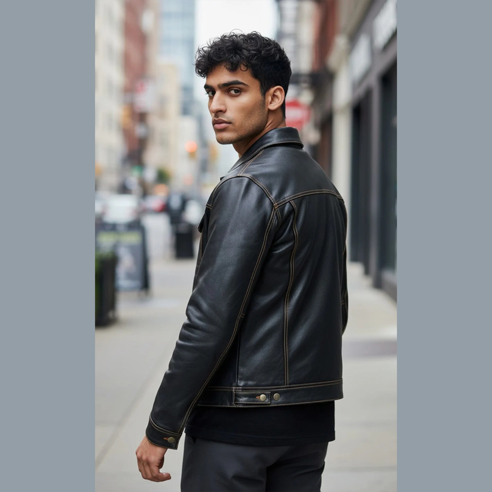 Men’s Cow Leather Trucker Jacket – Classic Levi’s Style, Contrast Stitching