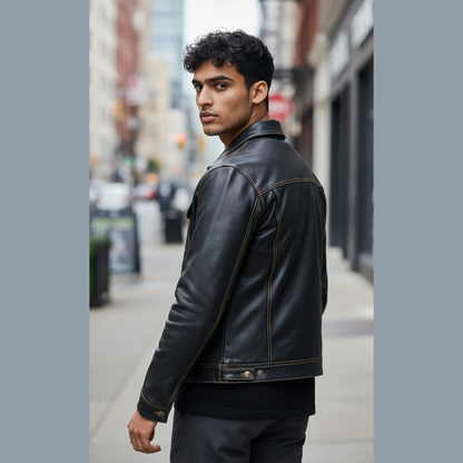 Men’s Cow Leather Trucker Jacket – Classic Levi’s Style, Contrast Stitching