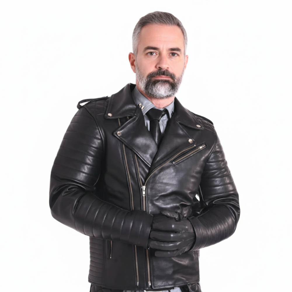 Men's Cowhide Leather BLUF Jacket – Brando Biker Style with Quilted Panels