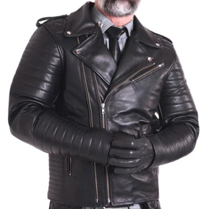 Men's Cowhide Leather BLUF Jacket – Brando Biker Style with Quilted Panels