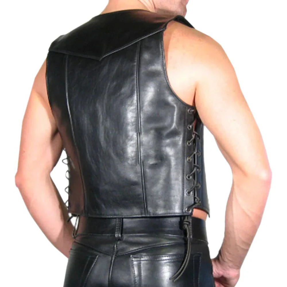 Men’s Cowhide Leather Bartender Vest – Side Lace-Up Fetish Clubwear