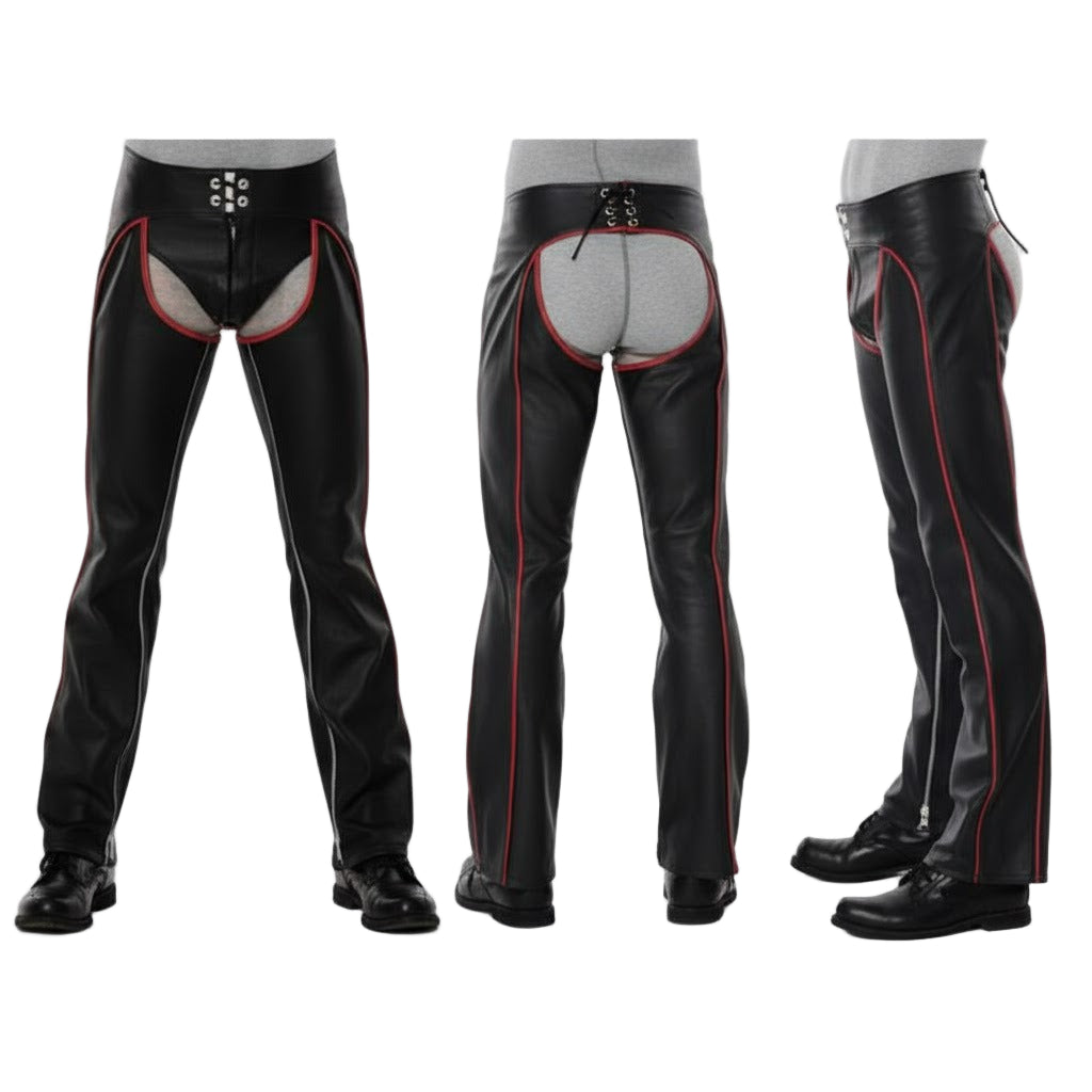 Men’s Cowhide Leather Biker Chaps with Red Piping & Codpiece