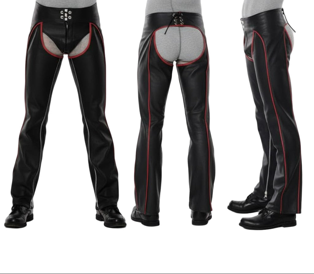 Men’s Cowhide Leather Biker Chaps with Red Piping & Codpiece