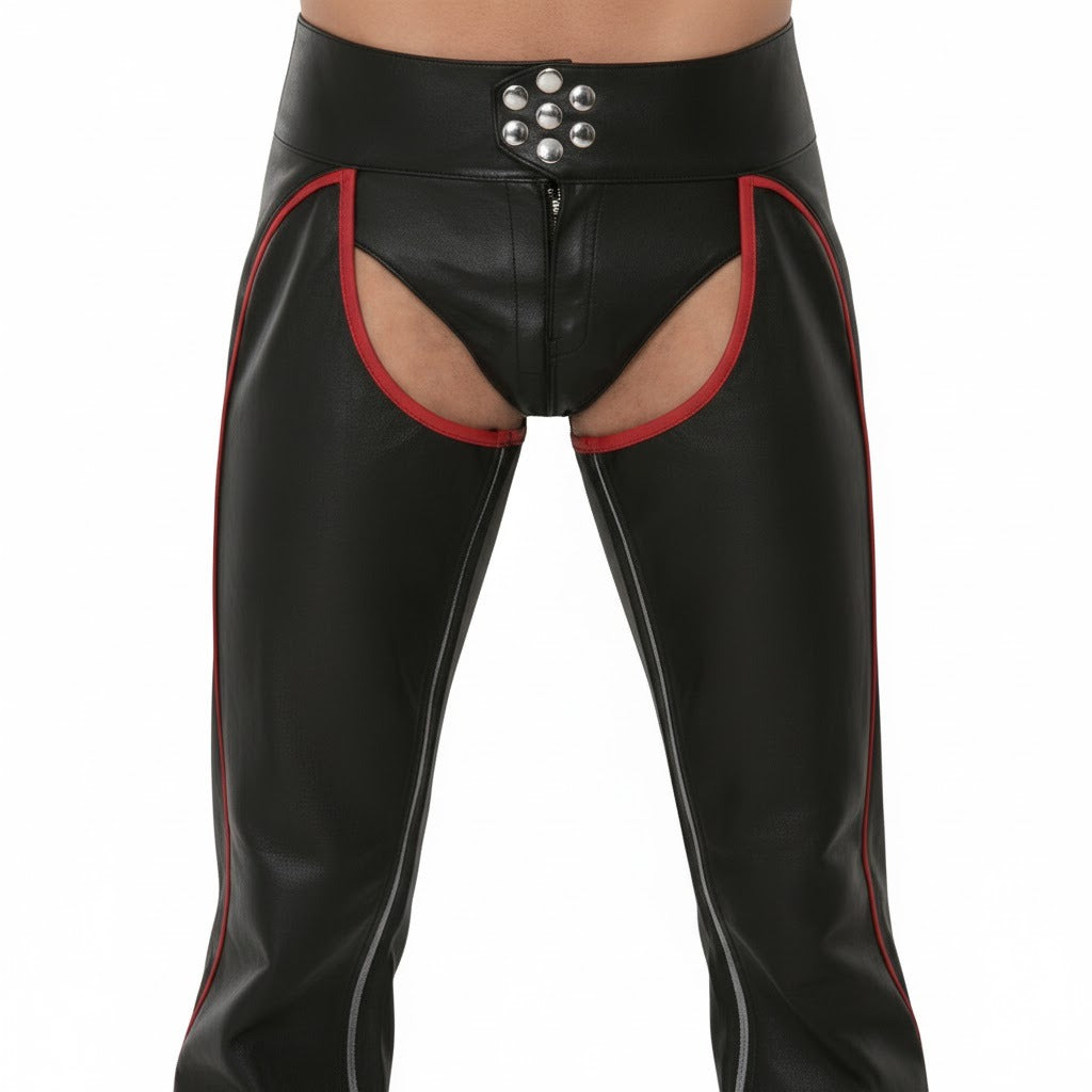 Men’s Cowhide Leather Biker Chaps with Red Piping & Codpiece