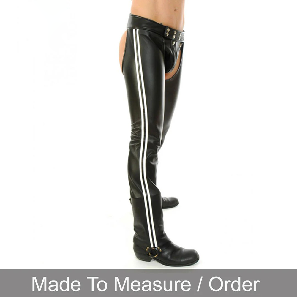 Men’s Cowhide Leather Biker Chaps with White Stripes