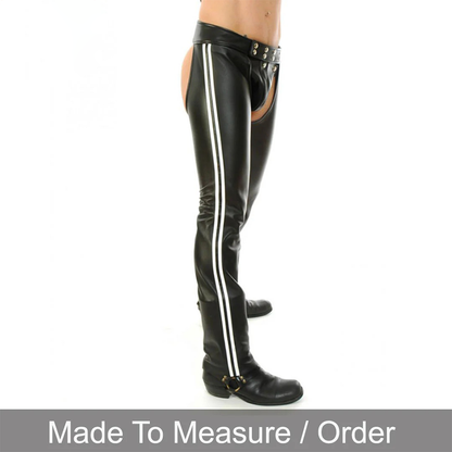 Men’s Cowhide Leather Biker Chaps with White Stripes