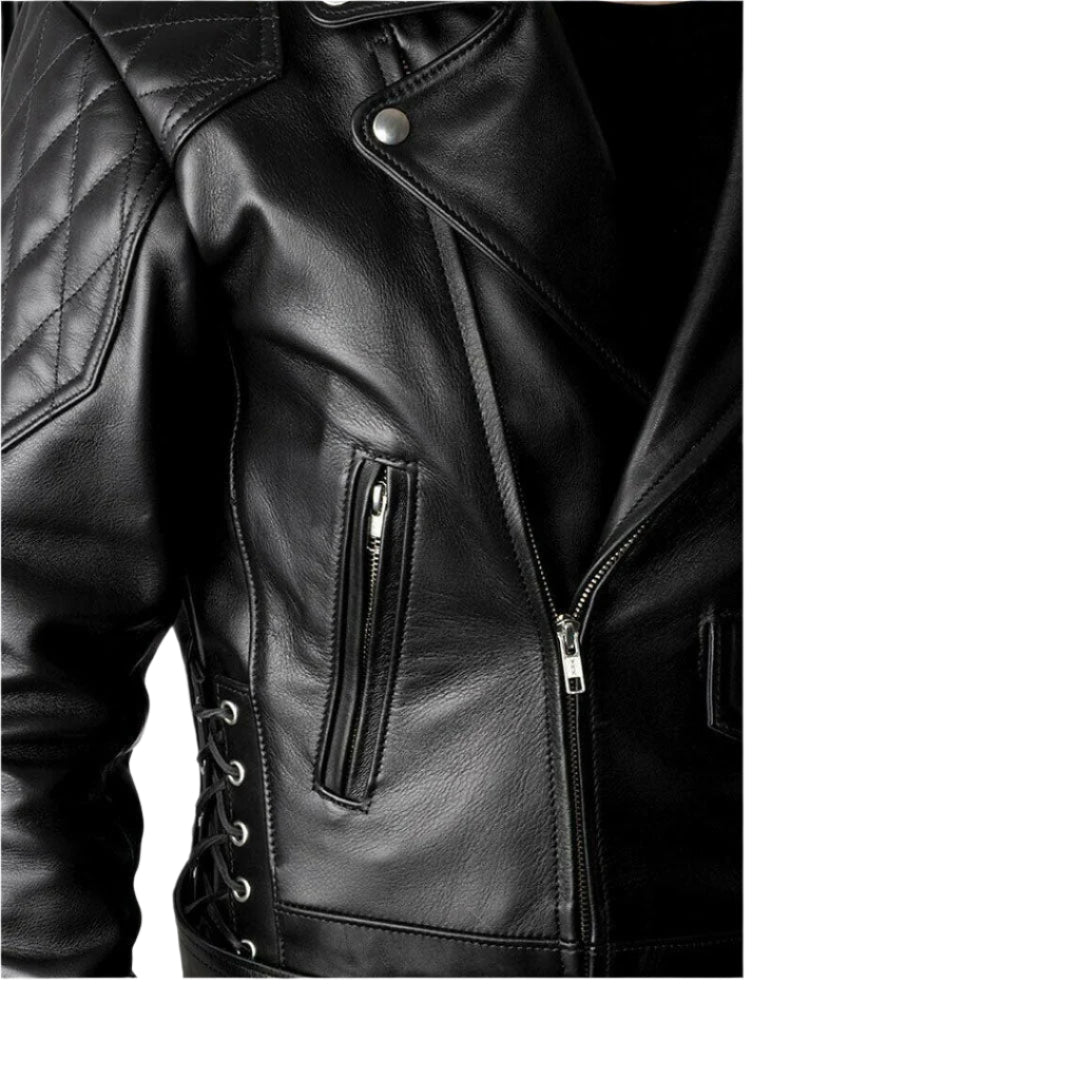 Men’s Cowhide Leather Biker Jacket with Quilted Panels and Side Laces
