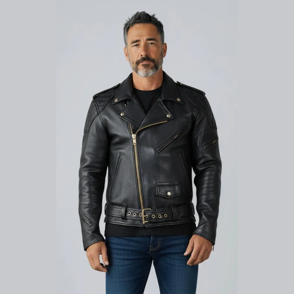 Men's Cowhide Leather Biker Jacket with Quilted Panels – Brando Style