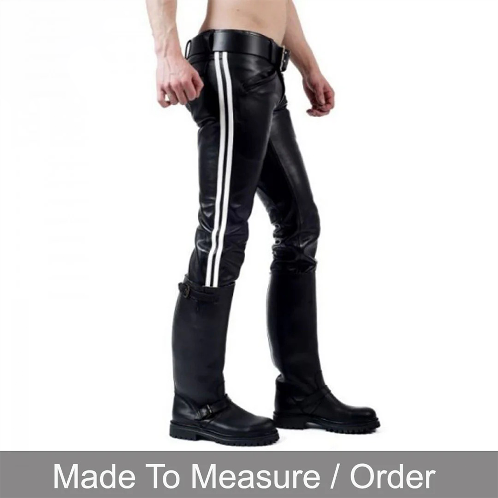 Men's Cowhide Leather Biker Pants – BLUF Style with Contrast Stripes