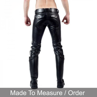 Men's Cowhide Leather Biker Pants – BLUF Style with Contrast Stripes