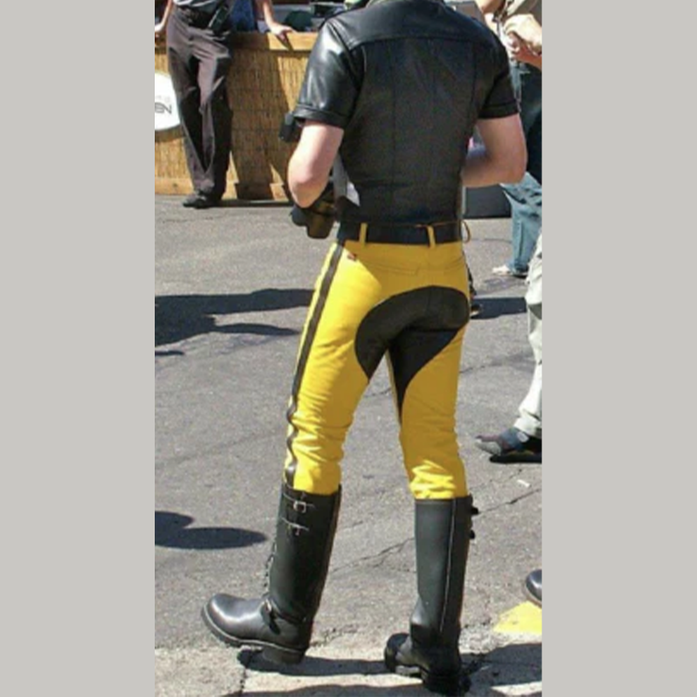 Men’s Cowhide Leather Biker Pants – Yellow & Black Panel Design