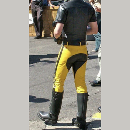 Men’s Cowhide Leather Biker Pants – Yellow & Black Panel Design
