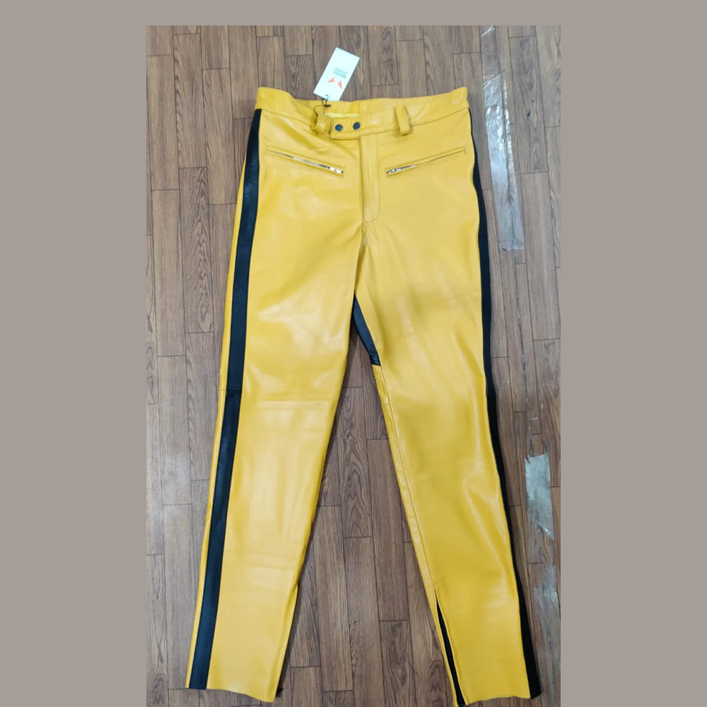 Men’s Cowhide Leather Biker Pants – Yellow & Black Panel Design