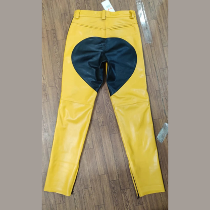 Men’s Cowhide Leather Biker Pants – Yellow & Black Panel Design