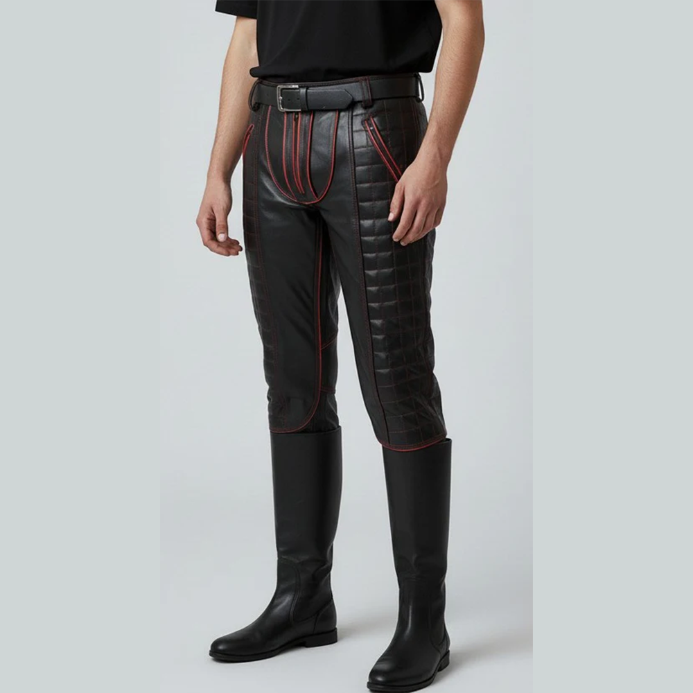 Men's Cowhide Leather Biker Pants with Quilted Panels & Piping