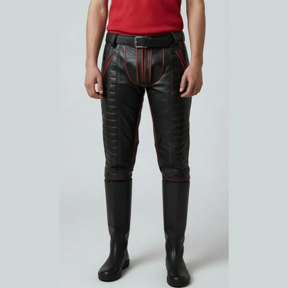 Men's Cowhide Leather Biker Pants with Quilted Panels & Piping