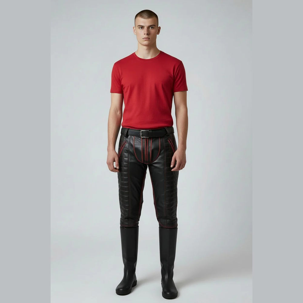 Men's Cowhide Leather Biker Pants with Quilted Panels & Piping