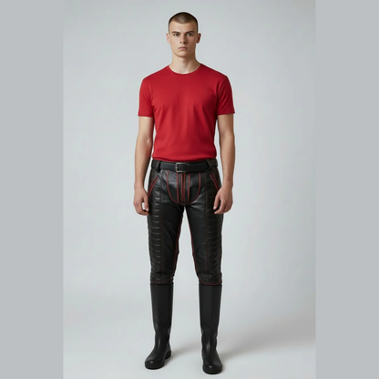 Men's Cowhide Leather Biker Pants with Quilted Panels & Piping