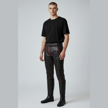 Men's Cowhide Leather Biker Pants with Quilted Panels & Piping