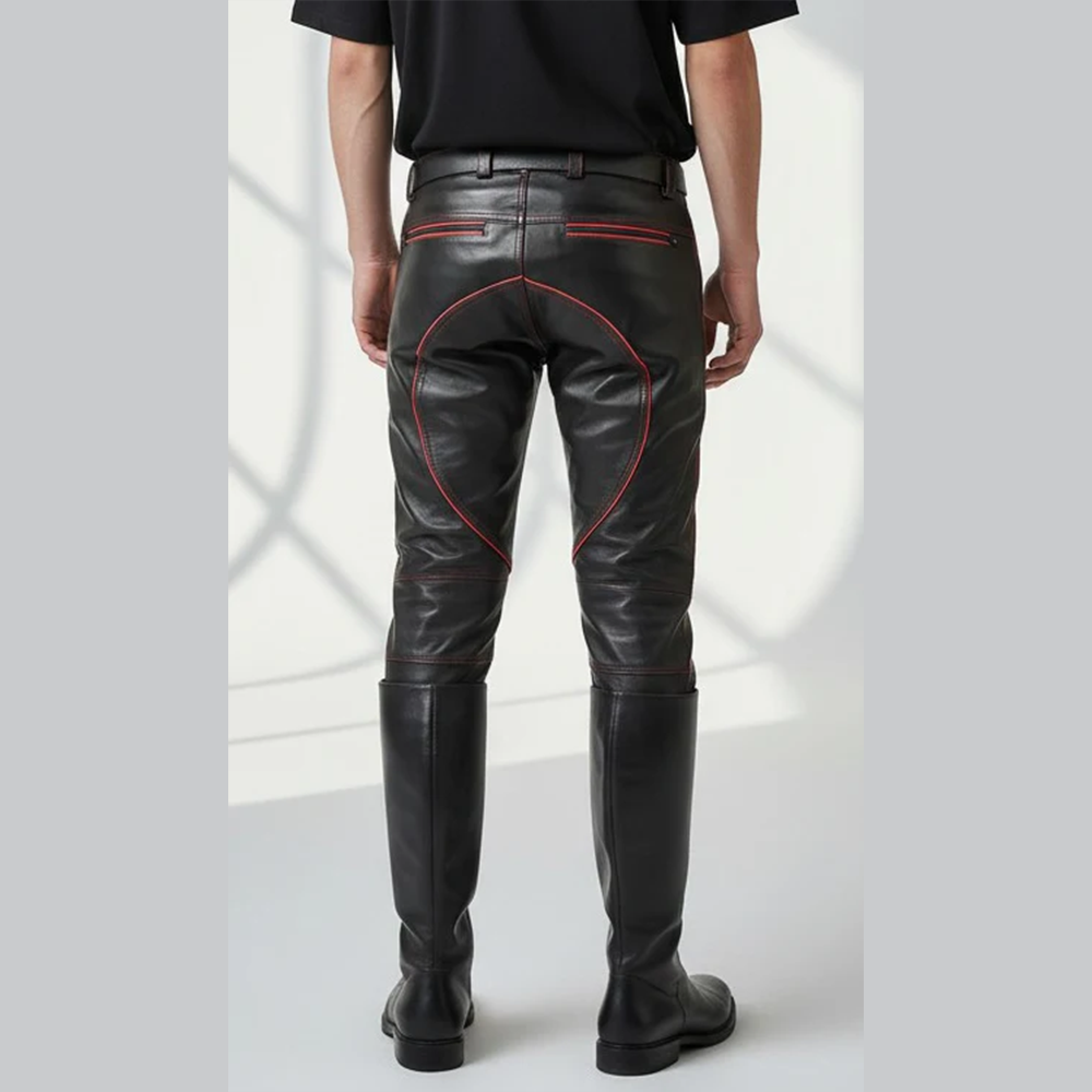 Men's Cowhide Leather Biker Pants with Quilted Panels & Piping