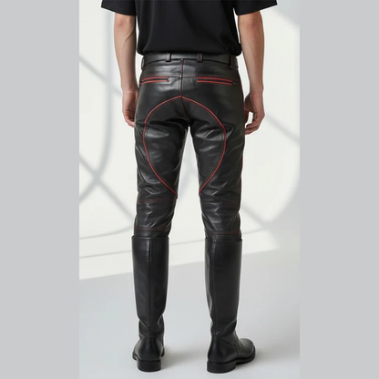 Men's Cowhide Leather Biker Pants with Quilted Panels & Piping