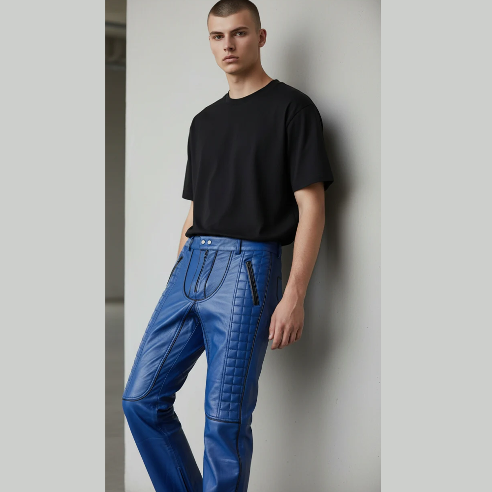 Men's Cowhide Leather Biker Pants with Quilted Panels and Piping