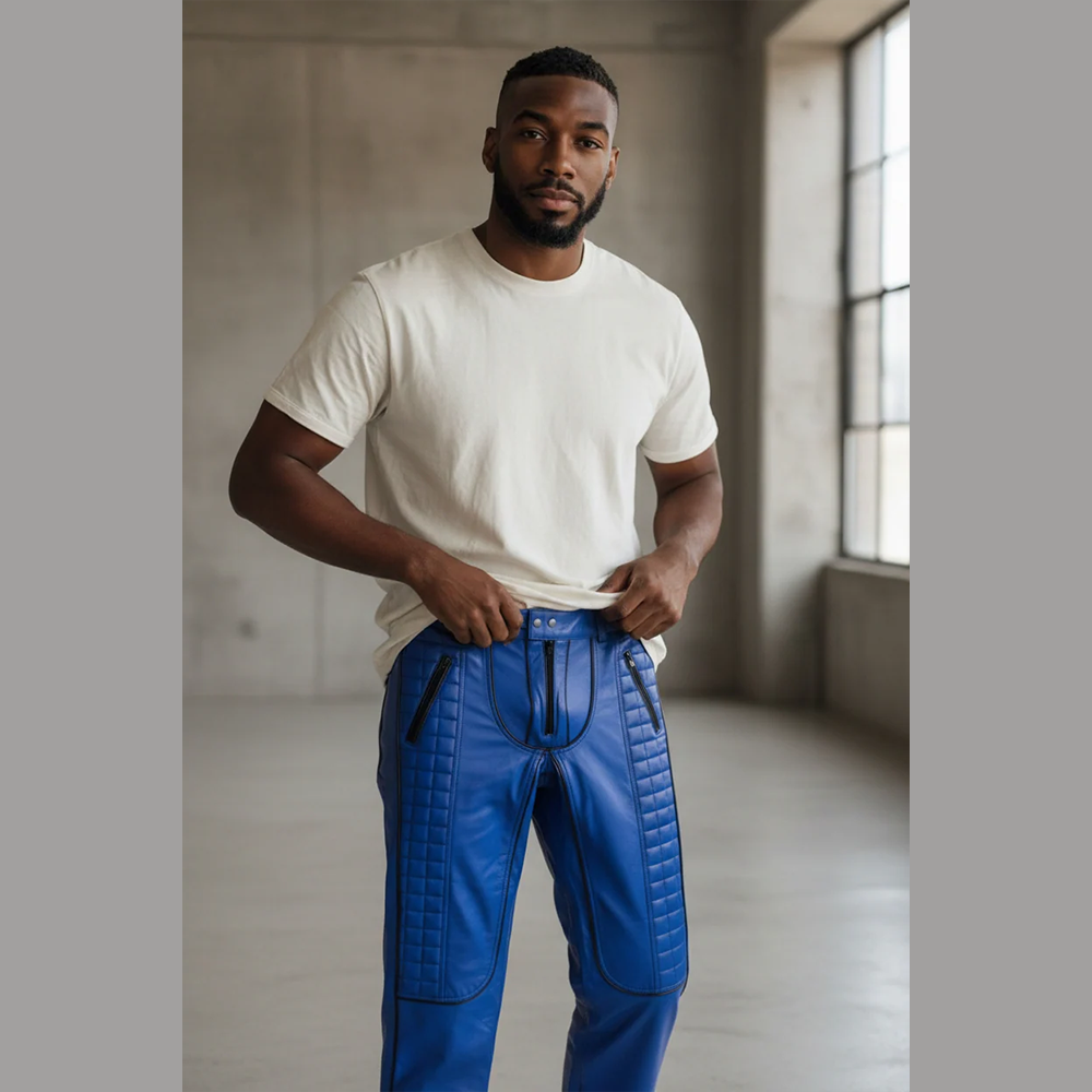 Men's Cowhide Leather Biker Pants with Quilted Panels and Piping