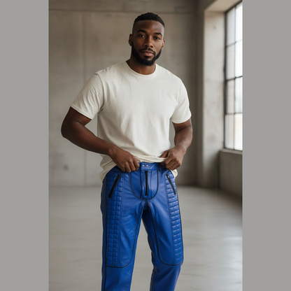 Men's Cowhide Leather Biker Pants with Quilted Panels and Piping