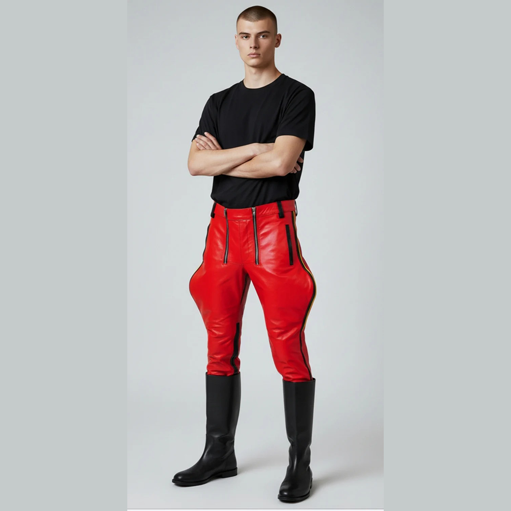 Men's Cowhide Leather Breeches – Carpenter Style with Contrast Stripes